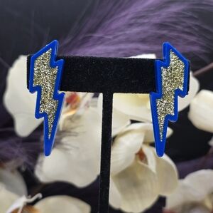 RARE Vintage Avon Blue Lightning Bolt Earrings with Gold Glitter